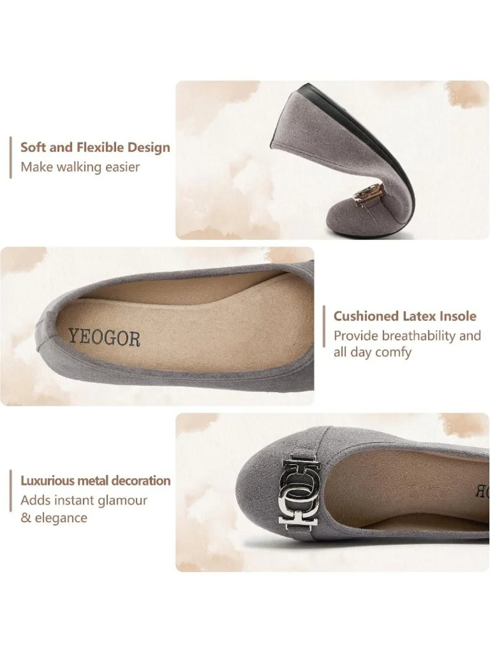 Women's Grey Micro Fiber Comfortable Round Toe Flats Slip on Casual Dressy Shoes